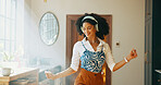 Energy, woman and dancing with headphones in home for weekend break, music playlist or feel good subscription. Dancer, african person and happy with album track, listening to radio and media podcast