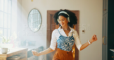 Buy stock photo Energy, woman and dancing with headphones in home for weekend break, music playlist or feel good subscription. Dancer, african person and happy with album track, listening to radio and media podcast