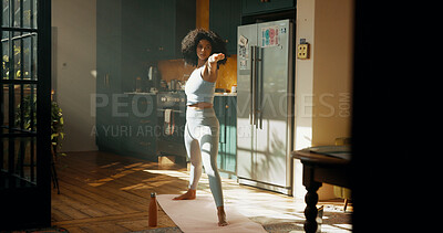 Buy stock photo Fitness, stretching and yoga with woman in home for start of holistic, pilates or wellness routine. Balance, exercise and warrior pose with yogi person in apartment for preparation or warm up