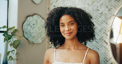 Buy stock photo Skincare, portrait and smile with woman in bathroom for beauty, morning routine and dermatology. Happiness, cosmetics and self care with person at home for hygiene, grooming and facial treatment