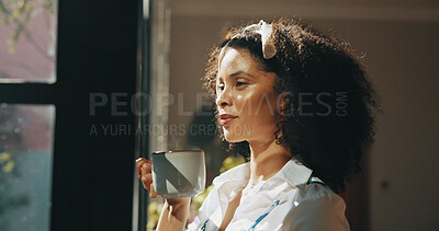 Buy stock photo Coffee, thinking and African woman by window with ideas, inspiration and daydreaming in home. Relax, morning break and person in living room with drink for reflection, wellness and rest on weekend