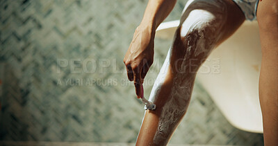 Buy stock photo Razor, beauty and woman shaving legs in bathroom for skincare, cleaning or grooming in home. Foam, epilation and female person with cosmetic hair removal routine in morning for hygiene in apartment.