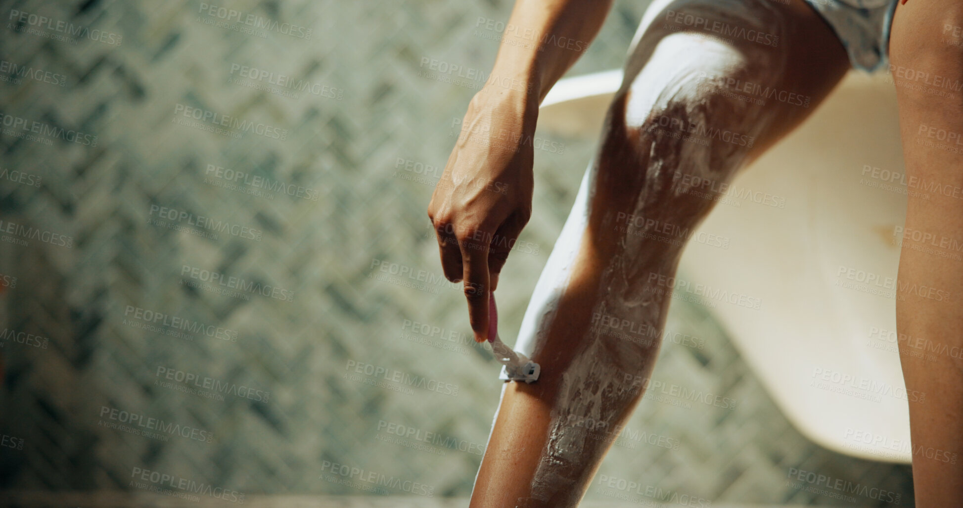 Buy stock photo Razor, beauty and woman shaving legs in bathroom for skincare, cleaning or grooming in home. Foam, epilation and female person with cosmetic hair removal routine in morning for hygiene in apartment.