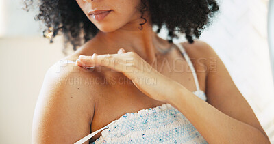 Buy stock photo Home, hand and woman with body cream for skincare, sunscreen and lotion product for morning routine. Shoulder, cosmetics and person apply moisturizer for hydration, beauty and dermatology in bathroom
