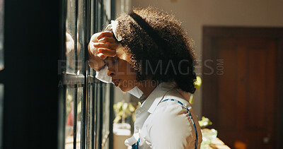 Buy stock photo African woman, window and anxiety in home with headache, mistake or regret with reflection for decision. Person, sad and thinking for perspective, loss or grief with mental health in morning at house