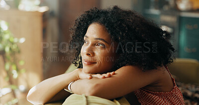 Buy stock photo Happy woman, thinking and memory with sofa for dream, holiday or weekend break at home. Female person, thoughtful or wonder with smile in comfort for rest, relax or peaceful moments on couch at house