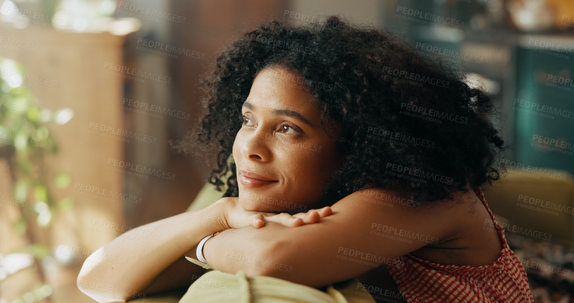 Buy stock photo Happy woman, thinking and memory with sofa for dream, holiday or weekend break at home. Female person, thoughtful or wonder with smile in comfort for rest, relax or peaceful moments on couch at house