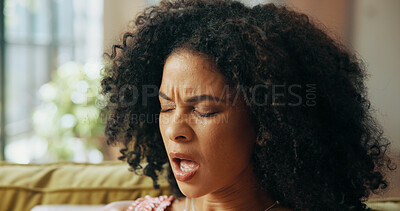 Buy stock photo Sick, sofa and woman with sneeze in home for flu, cold or hayfever symptoms in living room. Illness, relax and female person in recovery for sinusitis, allergies or nasal congestion in apartment.