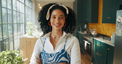 Buy stock photo Portrait, happy and woman with pride at house for fashion morning start, weekend break and peace. African person, arms crossed and smile for cozy afternoon, natural afro and stylish outfit at home