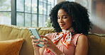 Happy, relax and African woman on sofa in home for social media, networking and communication. Apartment, living room and person on smartphone for online chatting, internet post or website on weekend