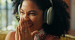 Laugh, music and woman with headphones in home, streaming sound and subscription for song. Audio, radio and happy African person listening to album, favorite playlist and thinking of funny podcast