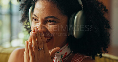Buy stock photo Laugh, music and woman with headphones in home, streaming sound and subscription for song. Audio, radio and happy African person listening to album, favorite playlist and thinking of funny podcast
