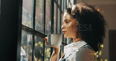 Buy stock photo Coffee, reflection and African woman by window with ideas, inspiration and daydreaming in home. Relax, morning break and person in living room with drink for thinking, wellness and rest on weekend
