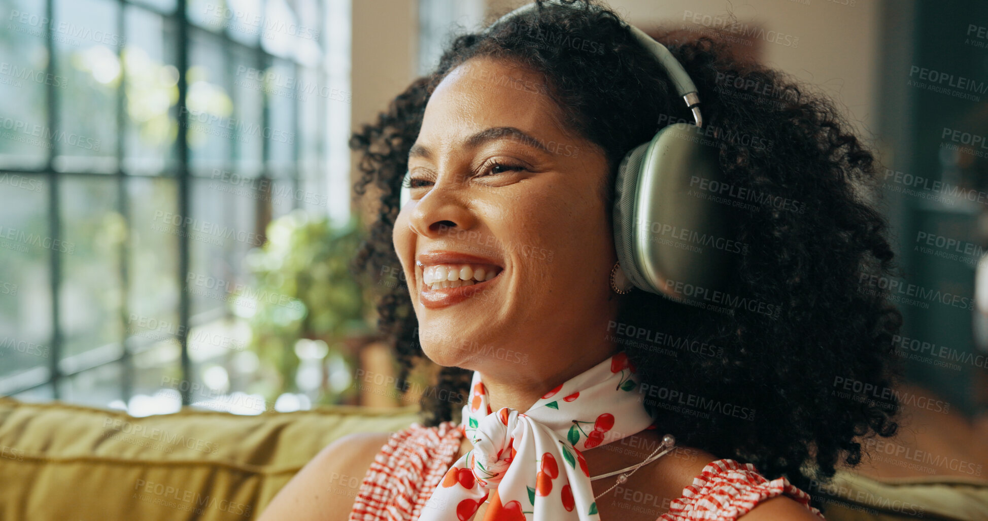 Buy stock photo Thinking, music and happy woman with headphones on sofa, streaming podcast and subscription. Home, audio technology and African person listening to radio, reflection or idea for playlist to relax