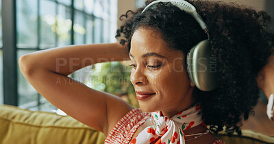 Buy stock photo Relax, audio and woman with headphones in home, streaming sound and subscription for song. Music, radio and happy African person listening to album, reflection and thinking of podcast in living room