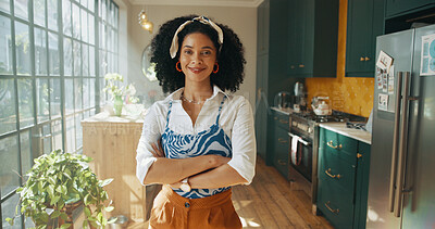 Buy stock photo Portrait, smile and woman with arms crossed at house for morning start, fashion weekend break and peace. African person, pride and happy for cozy afternoon, natural afro and stylish outfit at home