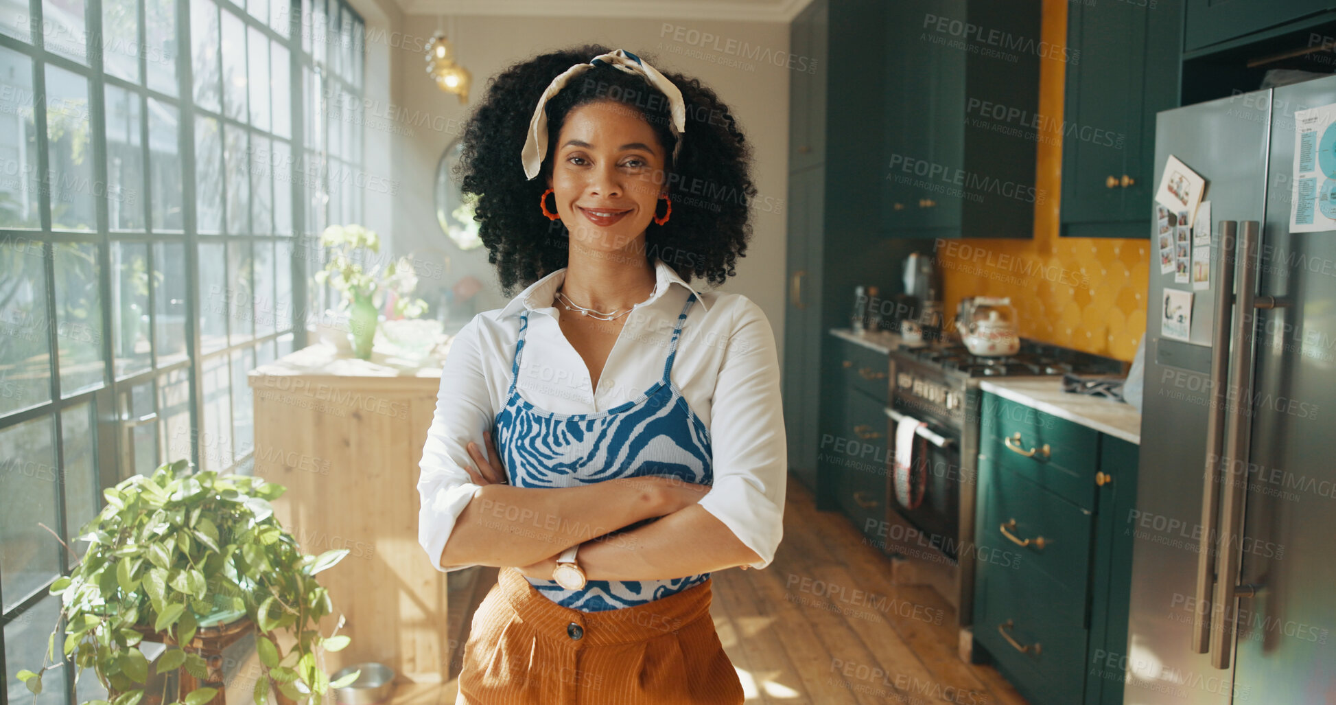 Buy stock photo Portrait, smile and woman with arms crossed at house for morning start, fashion weekend break and peace. African person, pride and happy for cozy afternoon, natural afro and stylish outfit at home