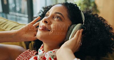 Buy stock photo Thinking, music and woman with headphones on sofa, streaming podcast and subscription. Home, audio technology and happy African person listening to radio, reflection or idea for playlist to relax