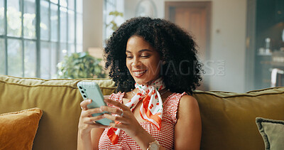 Buy stock photo Phone, happy and woman relaxing on sofa in home for social networking, communication or contact. Calm, cellphone and female person reading email with smile in living room at apartment on weekend.