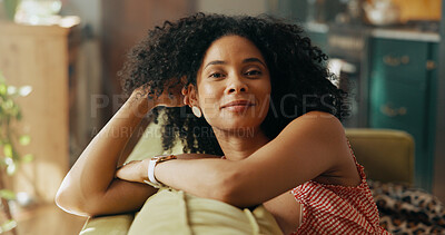 Buy stock photo Portrait, relax and happy woman in home for peace, calm and chill on sofa on weekend in living room. Smile, female person and resting on couch for comfort, confidence and break in apartment in Brazil