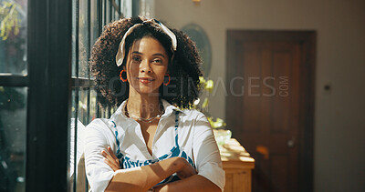 Buy stock photo Portrait, woman and fashion with arms crossed at house of morning start, weekend break or pride in property. African person, confident and trendy clothes of afternoon, natural afro and stylish outfit
