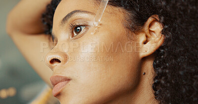 Buy stock photo Serum, skincare and beauty with face of woman for vitamin C glow, cosmetics and cleaning. Dermatology, self care product and spa treatment with person and pipette for oil dropper and grooming