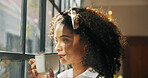 Coffee, smile and African woman by window with ideas, inspiration and daydreaming in home. Relax, morning break and person in living room with drink for reflection, wellness and rest on weekend