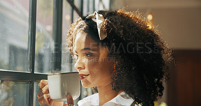 Buy stock photo Coffee, smile and African woman by window with ideas, inspiration and daydreaming in home. Relax, morning break and person in living room with drink for reflection, wellness and rest on weekend