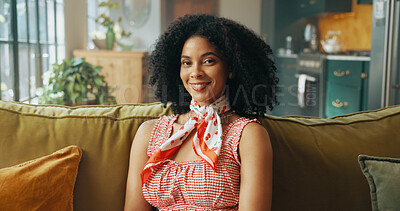 Buy stock photo Portrait, relax and happy woman on sofa for peace, calm and chill on weekend in living room at home. Smile, female person and resting on couch for comfort, confidence and break in apartment in Brazil