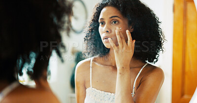 Buy stock photo Mirror, skincare and cream with woman in bathroom for glow facial, cosmetics lotion and cleaning. Dermatology, self care product and beauty treatment with person at home for reflection and grooming