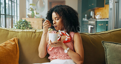 Buy stock photo Eating, food and woman on sofa in home with bowl for ice cream for dessert, sweet treat and enjoyment. Apartment, living room and African person with frozen yogurt for snack, meal and nutrition