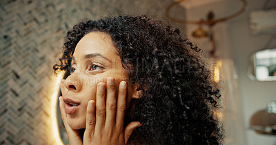 Buy stock photo Morning, skincare and face with woman in bathroom for glow facial, cosmetics and cleaning. Dermatology, self care and beauty treatment with person at home for collagen, anti aging and grooming