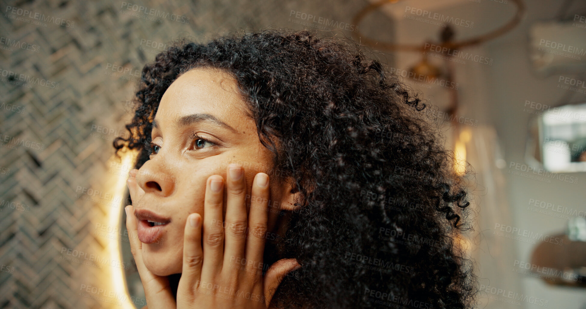 Buy stock photo Morning, skincare and face with woman in bathroom for glow facial, cosmetics and cleaning. Dermatology, self care and beauty treatment with person at home for collagen, anti aging and grooming