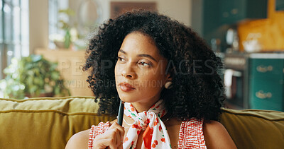 Buy stock photo Thinking, pen and African woman in home with thoughts for daydreaming, diary entry and inspiration. Apartment, morning and person with ideas for planning day, reflection and wondering for journaling