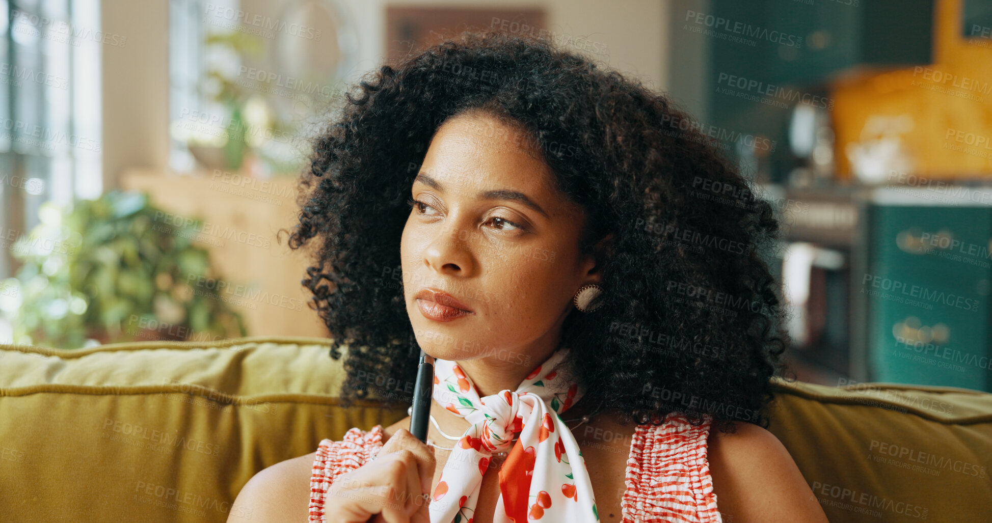 Buy stock photo Thinking, pen and African woman in home with thoughts for daydreaming, diary entry and inspiration. Apartment, morning and person with ideas for planning day, reflection and wondering for journaling