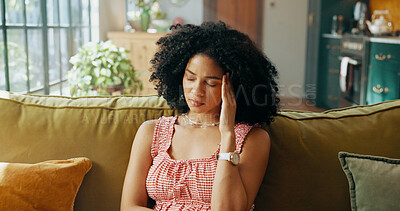 Buy stock photo Frustrated woman, headache and stress with pain on sofa for mental health, fatigue or symptoms at home. Ache, migraine or female person with depression or vertigo for burnout or anxiety at house