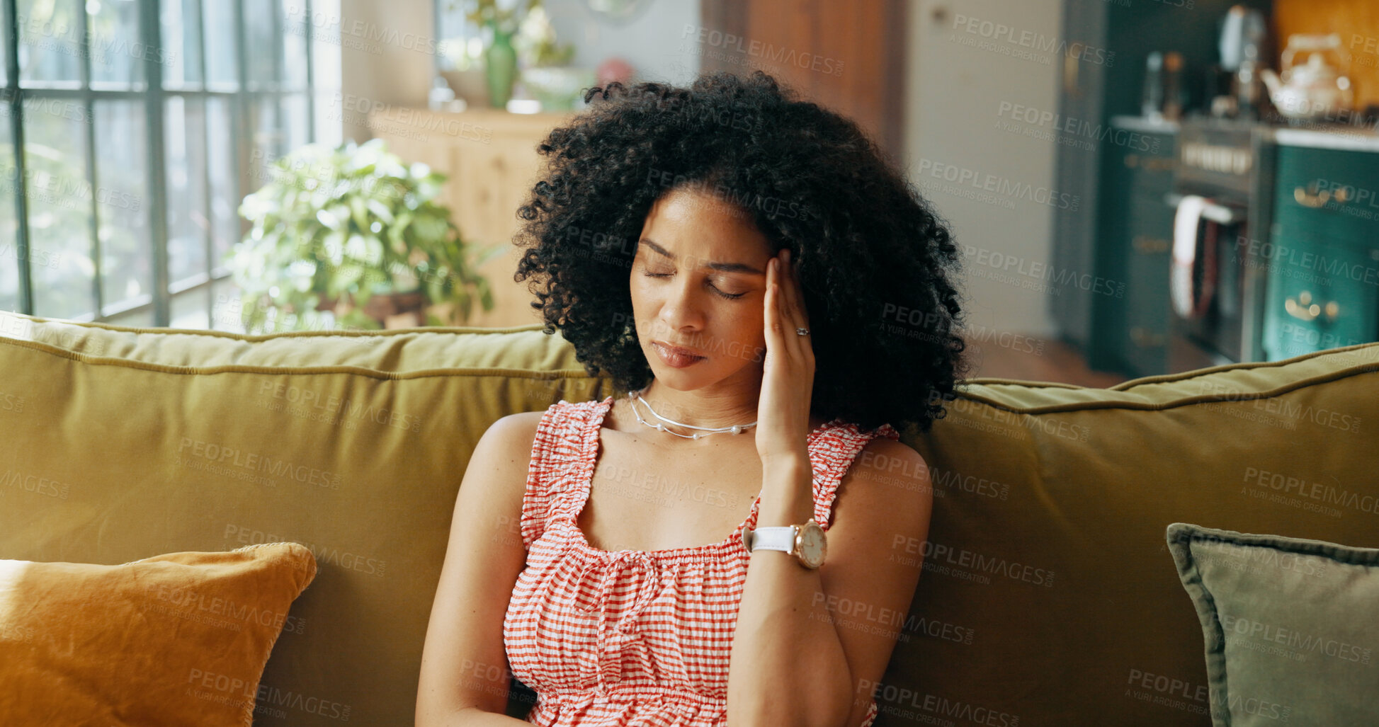 Buy stock photo Frustrated woman, headache and stress with pain on sofa for mental health, fatigue or symptoms at home. Ache, migraine or female person with depression or vertigo for burnout or anxiety at house