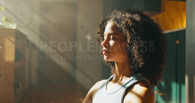Buy stock photo Calm woman, relax and sunlight with meditation at home for zen, awareness or mindfulness. Female person, yogi or balance with inner peace for stress relief, breathing exercise or wellness at house