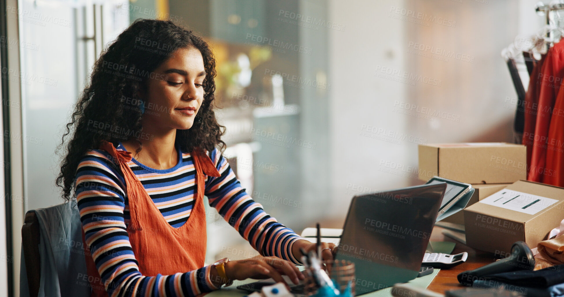 Buy stock photo Fashion, online store and woman with typing on laptop for stock procurement, supply chain and client email. Ecommerce, startup owner and tech for shipping info, delivery tracking and small business