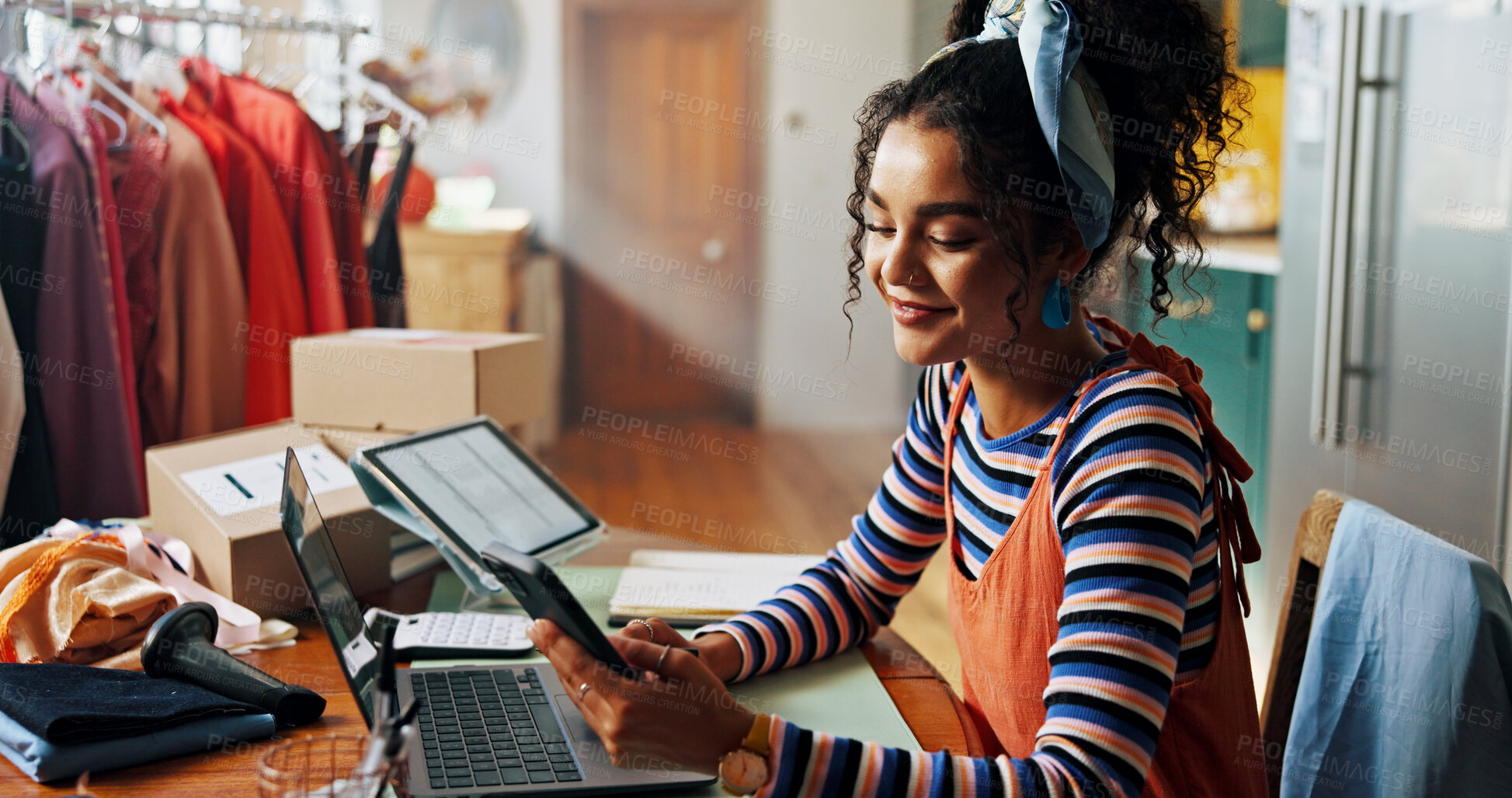 Buy stock photo Woman, phone and smile for small business, ecommerce and fashion boutique startup with online sales. Designer, technology and digital website for internet store, retail service and quality control