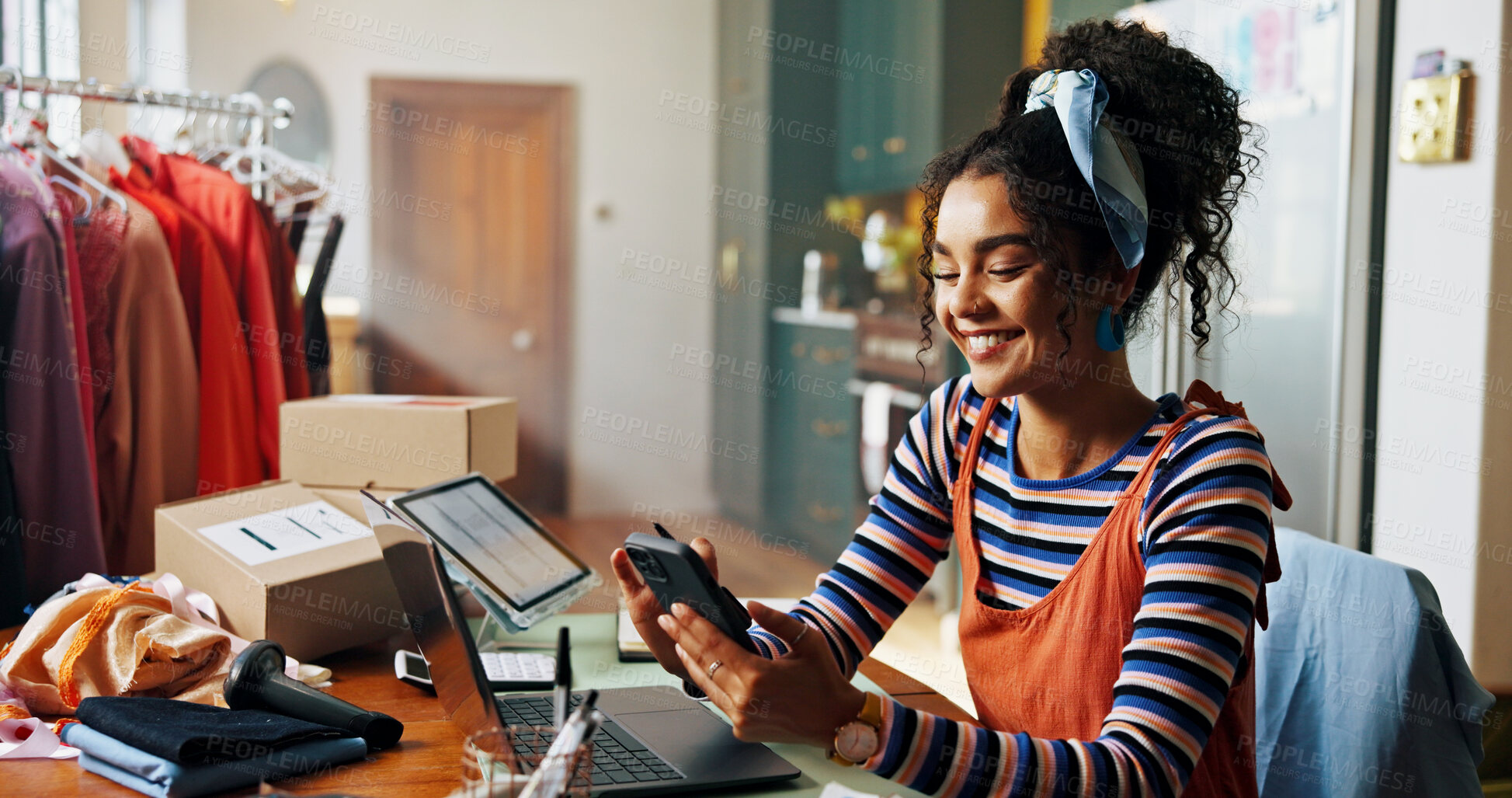 Buy stock photo Woman, phone and happy for small business, ecommerce and fashion boutique startup with online sales. Designer, technology and digital website for internet store, retail service and quality control