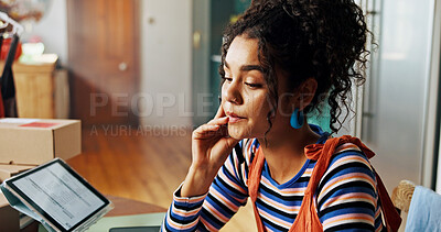 Buy stock photo Thinking, woman and reading with stress of small business, lost order and package mistake of courier fail. Person, disappointed and delay for logistics error, inventory management and delivery crisis