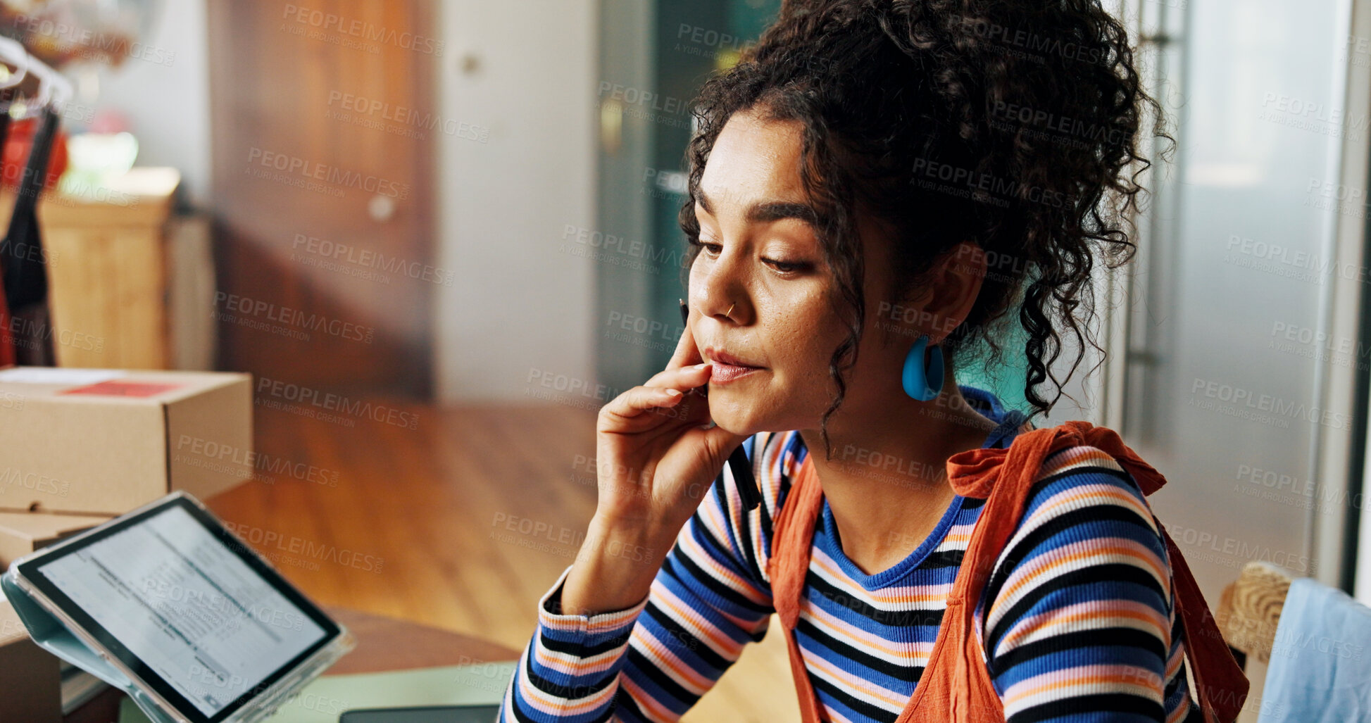 Buy stock photo Thinking, woman and reading with stress of small business, lost order and package mistake of courier fail. Person, disappointed and delay for logistics error, inventory management and delivery crisis