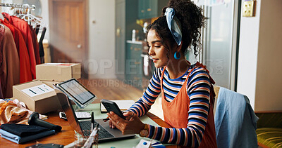 Buy stock photo Woman, phone and laptop for small business, ecommerce and fashion boutique startup with online sales. Designer, technology and digital website for internet store, retail service and quality control