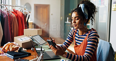 Buy stock photo Woman, phone and message for small business, ecommerce and fashion boutique startup with online sales. Designer, technology and digital website for internet store, retail service and quality control