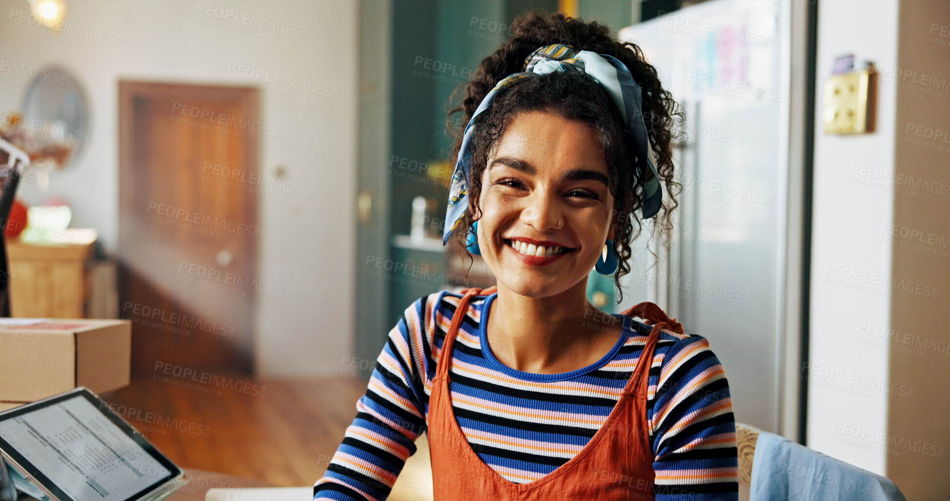 Buy stock photo Fashion design, happy and portrait of woman in home with confidence, pride and smile for small business. Creative, startup and person with style for tailor, textile and clothing retailer company