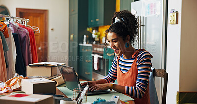Buy stock photo Woman, laptop and excited for small business, ecommerce and fashion boutique startup with online sales. Designer, success and digital website for internet store, retail service and quality control