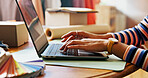 Hands, person and typing on laptop for small business with stock check, planning logistics and checklist. Woman, digital and review sale with online orders, inventory management and schedule delivery