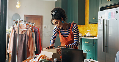Buy stock photo Woman, phone call and check parcel for small business, courier service and schedule delivery. Person, mobile discussion and package information for fashion order, review label and feedback of address