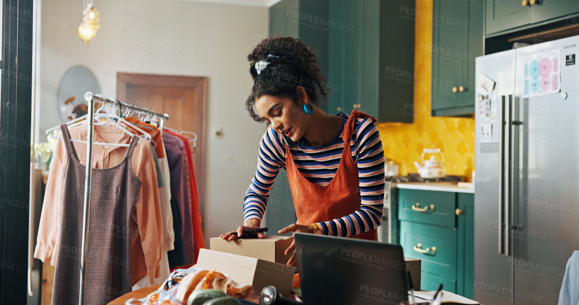 Buy stock photo Woman, phone call and check parcel for small business, courier service and schedule delivery. Person, mobile discussion and package information for fashion order, review label and feedback of address